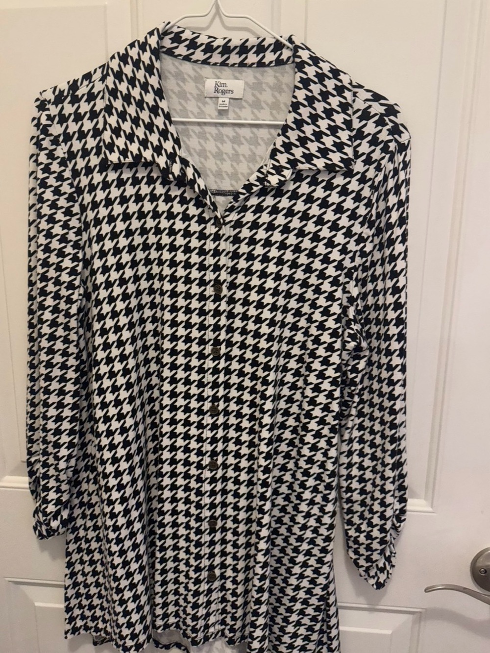 Kim Rogers Black and White Houndstooth Button-Down Blouse